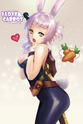 Rule 34 | 1girl, :o, animal ears, battle bunny riven, belt, breasts, carrot, cleavage, english text, fake animal ears, folded ponytail, heart, league of legends, leotard, lono (parkarar), open mouth, pantyhose, playboy bunny, ponytail, rabbit ears, rabbit tail, riven (league of legends), short hair, solo, speech bubble, tail, white hair, yellow eyes
