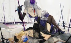 Rule 34 | 2girls, ae (alter-c), arm up, bad id, bad pixiv id, black gloves, black hair, blonde hair, blue dress, blue footwear, braid, breasts, choker, cleavage, collarbone, dress, elbow gloves, fate/grand order, fate (series), flower, gloves, grey background, hair flower, hair ornament, high heels, highres, holding, holding sword, holding weapon, jeanne d&#039;arc (fate), jeanne d&#039;arc (formal dress) (fate), jeanne d&#039;arc (ruler) (fate), jeanne d&#039;arc alter (avenger) (fate), jeanne d&#039;arc alter (fate), jewelry, long hair, lying, medium breasts, multiple girls, necklace, on back, parted lips, polearm, purple flower, purple footwear, red ribbon, ribbon, ribbon choker, silver hair, single braid, sleeveless, sleeveless dress, smile, spear, strapless, strapless dress, sword, thighhighs, very long hair, weapon, white flower, yellow eyes