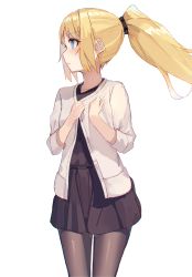 Rule 34 | 1girl, absurdres, black dress, black pantyhose, blonde hair, blue eyes, blush, bridget evans, closed mouth, collarbone, commentary request, dress, hands up, highres, jacket, long hair, long sleeves, looking away, looking to the side, ore no imouto ga konna ni kawaii wake ga nai, pantyhose, pleated dress, ponytail, sidelocks, simple background, solo, standing, tota (sizukurubiks), white background, white jacket
