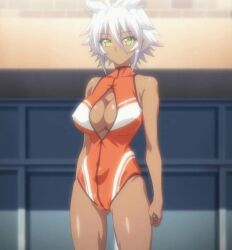 Rule 34 | 1girl, breasts, cleavage, green eyes, large breasts, shinmai maou no testament, short hair, solo, swimsuit, tagme, white hair, zest