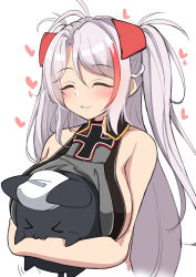 Rule 34 | &gt; &lt;, 1girl, :3, ^ ^, absurdres, animal, animal hug, azur lane, bare shoulders, black cat, breasts, cat, closed eyes, closed mouth, cropped torso, closed eyes, headgear, heart, highres, large breasts, light purple hair, long hair, meowfficer (azur lane), moyoron, multicolored hair, prinz eugen (azur lane), red hair, sideboob, simple background, two-tone hair, upper body, white background