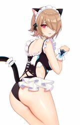 Rule 34 | 1girl, absurdres, animal ears, ass, blush, brown hair, cat ears, cat tail, commentary request, fake animal ears, fake tail, from behind, hair over one eye, highres, honkai (series), honkai impact 3rd, kemonomimi mode, looking at viewer, looking back, maid, maid headdress, maid one-piece swimsuit, mole, mole under eye, one-piece swimsuit, paw pose, red eyes, rita rossweisse, rita rossweisse (icy sea spray), rita rossweisse (phantom iron), scrunchie, short hair, solo, swimsuit, tail, thighs, tutou jiang, unconventional maid, white background, wrist scrunchie