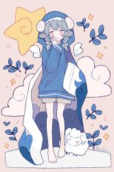 Rule 34 | 1girl, angel wings, animal, animal ears, barefoot, beige background, blanket, blue hoodie, blue pajamas, blush, blush stickers, bow, braid, branch, closed eyes, closed mouth, cloud, curled horns, dated, detached wings, dot nose, full body, grey hair, grey shorts, hair bow, hair over shoulder, hand to own mouth, hand up, highres, holding, holding blanket, hood, hood up, hoodie, horns, lace-trimmed headwear, lace trim, leaf, limited palette, long hair, long sleeves, looking at viewer, low twintails, melanbread, no mouth, original, pajamas, pink eyes, plant, puffy long sleeves, puffy sleeves, sheep, sheep ears, sheep girl, sheep horns, shorts, signature, sleepwear, sleepy, sleeve cuffs, smile, solo, sparkle, sparkle background, standing, star (symbol), straight-on, swept bangs, tareme, toes, twin braids, twintails, u u, wavy mouth, white bow, white wings, wings