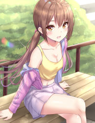 Rule 34 | 1girl, bare legs, bench, breasts, brown eyes, brown hair, bush, cleavage, crossed legs, day, hair ornament, jacket, looking at viewer, low twintails, midriff, navel, open mouth, original, outdoors, park bench, pink jacket, pleated skirt, purple skirt, railing, sitting, skirt, small breasts, stairs, tank top, thighs, twintails, wasami (a27678193a), yellow tank top