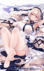Rule 34 | 1girl, absurdres, armpits, ass, azur lane, breasts, choker, covered erect nipples, detached sleeves, dress, feet, formidable (azur lane), formidable (timeless classics) (azur lane), hand on own chest, highres, large breasts, legs up, long hair, long sleeves, looking at viewer, lying, melailai, official alternate costume, on back, panties, parted lips, sailor collar, see-through, sleeveless, sleeveless dress, solo, thighhighs, toes, twintails, underwear, veil, very long hair, white dress, white hair, white panties, white thighhighs