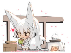 Rule 34 | 1girl, :t, animal ears, barefoot, chibi, closed mouth, commentary request, eating, food, food request, fox ears, fox girl, fox tail, hair between eyes, heart, holding, holding food, japanese clothes, kimono, long hair, long sleeves, looking away, obi, original, petals, ponytail, sash, solo, spoken heart, standing, tail, very long hair, wavy mouth, white hair, white kimono, wide sleeves, yuuji (yukimimi)