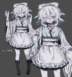 Rule 34 | 1girl, apron, arm up, ball, black footwear, black nails, bow, charm (object), full body, grey background, grey eyes, hen10, highres, looking at viewer, maid, monochrome, multiple views, open mouth, original, simple background, temari ball, wa maid, white bow, white hair, white headwear, zoom layer
