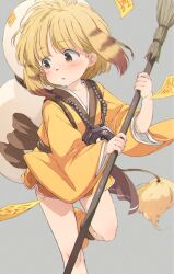 Rule 34 | 1girl, :o, animal ears, blonde hair, blush, broom, brown eyes, commentary request, feet out of frame, gomennasai, gourd, grey background, highres, holding, holding broom, japanese clothes, kimono, long sleeves, looking away, looking to the side, manyuuki, nyan nyan, ofuda, oversized object, parted lips, simple background, solo, standing, standing on one leg, tail, wide sleeves, yellow footwear, yellow kimono, yin yang