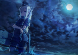 Rule 34 | 10s, 1girl, absurdres, blue eyes, blue theme, cloud, cloudy sky, expressionless, full moon, garrison cap, gloves, hat, highres, kantai collection, katoroku, long hair, looking at viewer, military, military uniform, moon, night, outdoors, silver hair, single glove, sky, solo, standing, star (sky), starry sky, torn clothes, torn gloves, u-511 (kancolle), uniform, wading, water