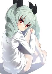 Rule 34 | 1girl, anchovy (girls und panzer), black bow, blush, bow, buchikaki, closed mouth, drill hair, girls und panzer, hair between eyes, hair bow, highres, light green hair, long sleeves, looking at viewer, looking back, pantyhose, red eyes, shirt, simple background, sitting, solo, thighband pantyhose, twin drills, white background, white pantyhose, white shirt