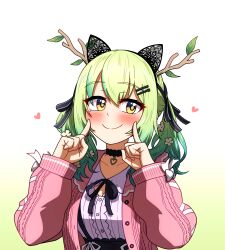 Rule 34 | 1girl, antlers, blush, breasts, brown eyes, ceres fauna, choker, closed mouth, ddolbang, gradient hair, green hair, hair ornament, hairclip, heart, heart choker, highres, hololive, hololive english, horns, index fingers raised, long sleeves, looking at viewer, medium breasts, mole, mole under eye, multicolored hair, smile, solo, two-tone hair, virtual youtuber