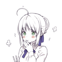 Rule 34 | 1girl, :t, ahoge, artoria pendragon (all), artoria pendragon (fate), blue ribbon, blush, braid, chopsticks, closed mouth, collared shirt, commentary request, eating, fate/stay night, fate (series), fingernails, green eyes, hair bun, hair ribbon, hand to own mouth, long sleeves, looking at viewer, midorikawa you, monochrome, ribbon, saber (fate), shirt, sidelocks, simple background, single hair bun, solo, spot color, white background