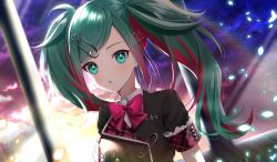 Rule 34 | 1girl, absurdres, aqua eyes, black jacket, blouse, bow, bowtie, collared shirt, dutch angle, green hair, hair ornament, hairclip, hatsune miku, highres, jacket, leo/need (project sekai), leo/need miku, long hair, multicolored hair, open mouth, project sekai, red bow, red bowtie, red hair, safety pin, shirt, short sleeves, solo, sparkle, swept bangs, twintails, twitter username, two-tone hair, upper body, watermark, white shirt, wing collar, yuuyu (moco20111115)