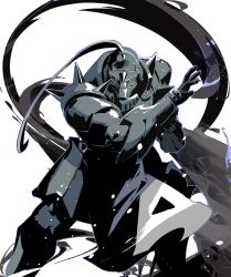 Rule 34 | 1boy, alphonse elric, armor, black gloves, breastplate, cofffee, feet out of frame, fighting stance, full armor, fullmetal alchemist, gauntlets, gloves, helm, helmet, looking at viewer, male focus, plate armor, plume, shoulder armor, shoulder spikes, solo, spikes, white background, white eyes