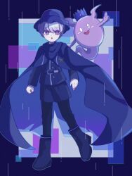 Rule 34 | 1boy, belt, black pantyhose, blue belt, blue cape, blue footwear, blue hat, blue jacket, blue shorts, blush stickers, boots, cape, commentary request, crown, full body, ghost, hat, highres, horns, jacket, long sleeves, looking at another, male focus, master detective archives: rain code, one eye closed, open mouth, pantyhose, pointing, purple eyes, purple hair, rain, shinigami (ghost) (rain code), shinigami (rain code), short hair, shorts, smile, solo, standing, symbol in eye, tsumu (tum 831), yuma kokohead