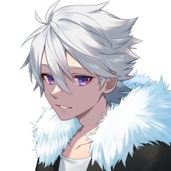 Rule 34 | 1boy, ahoge, black jacket, collarbone, commission, copyright request, fur-trimmed jacket, fur trim, grey hair, hair between eyes, highres, jacket, looking at viewer, male focus, open clothes, open jacket, parted lips, purple eyes, sakura chiyo (konachi000), shirt, simple background, smile, solo, upper body, virtual youtuber, white background, white shirt