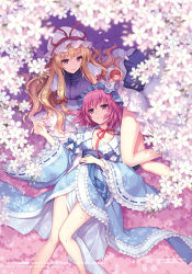 Rule 34 | 2girls, alcohol, an2a, blonde hair, blue dress, bow, cherry blossoms, choker, dress, english text, flower, frilled dress, frills, hair bow, hair ornament, holding hands, hat, hat bow, japanese clothes, long hair, long sleeves, looking at another, looking down, looking up, lying, mob cap, multiple girls, neck ribbon, obi, on back, on side, parted lips, petals, pink eyes, pink hair, ribbon, ribbon-trimmed sleeves, ribbon trim, saigyouji yuyuko, sakazuki, sake, sash, short hair, smile, tabard, text focus, touhou, tree, tree shade, triangular headpiece, veil, white dress, wide sleeves, yakumo yukari