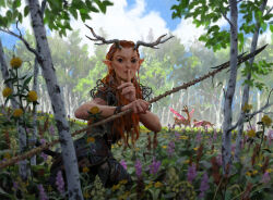 Rule 34 | 1girl, antlers, armor, belt, black eyes, cloud, cloudy sky, commentary, day, deer, elf, finger to mouth, flower, freckles, grass, holding, holding polearm, holding weapon, horns, insect wings, johannes voss, leaf, leather armor, magic: the gathering, miara (magic the gathering), nature, official art, outdoors, pointy ears, polearm, red hair, shushing, sky, solo, thigh belt, thigh strap, thorns, tree, weapon, wings