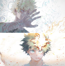 Rule 34 | 2boys, bakugou katsuki, bare shoulders, blonde hair, blood, blood on face, blurry, blurry foreground, boku no hero academia, bright pupils, chinese commentary, closed mouth, dried blood, film grain, freckles, green eyes, green hair, hair between eyes, hand up, highres, looking ahead, looking at viewer, male focus, midoriya izuku, multiple boys, open hand, outstretched hand, parted lips, red eyes, rika (rika ktdk), sanpaku, shirt, short hair, sleeveless, spiked hair, split screen, tank top, v-shaped eyebrows, weibo logo, weibo watermark, white background, white pupils