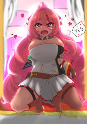 Rule 34 | 1girl, absurdres, alternate breast size, asymmetrical legwear, bare shoulders, blush, breasts, cleavage, detached sleeves, dress, english text, hair ribbon, hazy (chlwnstjr111), heart, heterochromia, highres, large breasts, last origin, long hair, looking at viewer, melite (last origin), multicolored hair, one side up, pink eyes, pink hair, pleated dress, purple eyes, red hair, ribbon, single drill, single thighhigh, solo, squatting, streaked hair, thighhighs, very long hair, white dress, yes