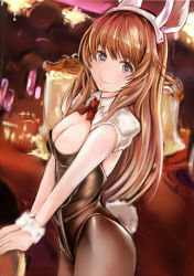 Rule 34 | 10s, 1girl, alternate costume, animal ears, ascot, blue eyes, blurry, breasts, brown pantyhose, closed mouth, cowboy shot, depth of field, eyebrows, fake animal ears, granblue fantasy, large breasts, lecia (granblue fantasy), leotard, long hair, looking at viewer, nannacy7, pantyhose, playboy bunny, rabbit ears, rabbit tail, sketch, smile, solo, tail, wrist cuffs
