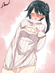 Rule 34 | 10s, 1girl, alternate costume, black hair, blush, cleavage cutout, clothing cutout, commentary request, cowboy shot, embarrassed, hair between eyes, hair ribbon, houshou (kancolle), kantai collection, legs apart, long hair, meme attire, mtu (orewamuzituda), open-chest sweater, open mouth, ponytail, ribbed sweater, ribbon, signature, solo, standing, sweater, tears, turtleneck