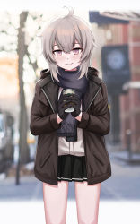 Rule 34 | 1girl, absurdres, black gloves, black skirt, blush, brown jacket, closed mouth, coffee cup, cup, disposable cup, feet out of frame, girls&#039; frontline, gloves, gongbangmanchi (daisy cutter), grey hair, highres, holding, holding cup, jacket, looking at viewer, m200 (girls&#039; frontline), open clothes, open jacket, purple eyes, purple scarf, scarf, scenery, shirt, short hair, skirt, smile, solo, standing, white shirt
