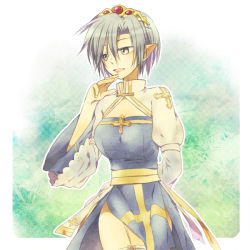 Rule 34 | 1girl, arch bishop (ragnarok online), ark kan, arm behind back, blue dress, border, breasts, cleavage, cleavage cutout, clothing cutout, commentary request, cowboy shot, cross, diadem, dress, garter straps, green background, grey eyes, grey hair, juliet sleeves, long sleeves, looking to the side, medium breasts, open mouth, pointy ears, puffy sleeves, ragnarok online, sash, shiny skin, short hair, solo, thighhighs, two-tone dress, white border, white dress, white thighhighs, yellow sash