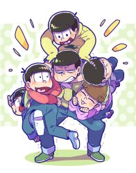 Rule 34 | 10s, 6+boys, :3, black hair, brothers, carrying, closed eyes, crossed legs, heart, heart in mouth, jitome, male focus, matsuno choromatsu, matsuno ichimatsu, matsuno jyushimatsu, matsuno karamatsu, matsuno osomatsu, matsuno todomatsu, messy hair, multiple boys, osomatsu-kun, osomatsu-san, osomatsu (series), polka dot, polka dot background, sextuplets, shorts, shoulder carry, siblings, sleeves past wrists, slippers, sweat, tendoshi, tongue, tongue out, trembling