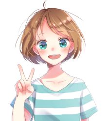 Rule 34 | 1girl, aqua shirt, arm at side, arm up, bad id, bad pixiv id, blue eyes, blush, brown hair, grin, hami yura, happy, highres, looking at viewer, open mouth, original, shirt, short hair, short sleeves, simple background, sketch, smile, solo, striped clothes, striped shirt, teeth, upper body, v, white background, white shirt