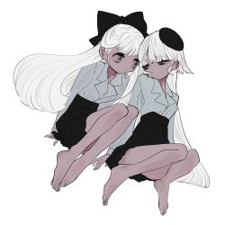Rule 34 | 2girls, bad id, bad twitter id, bare legs, barefoot, black bow, bow, collared shirt, full body, grey eyes, hair bow, highres, inata17ta, long hair, long sleeves, multiple girls, no nose, original, shirt, simple background, sitting, white background, white hair, white shirt
