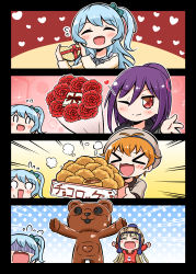 Rule 34 | &gt; &lt;, 0 0, 4girls, 4koma, :3, ^ ^, absurdres, antenna hair, bang dream!, beanie, beige sweater, beret, black border, black scarf, blonde hair, blue hair, blue ribbon, blush, border, bouquet, bow, box, brown headwear, brown sweater, chocolate, closed eyes, comic, commentary request, croquette, emphasis lines, flower, flying sweatdrops, food, gift, grey sweater, hair between eyes, hair bow, hat, heart, heart-shaped box, heart background, highres, holding, holding food, holding gift, kitazawa hagumi, knit hat, kyou (fr39), light blue hair, long hair, long sleeves, matsubara kanon, michelle (bang dream!), multiple girls, o o, one side up, open mouth, orange hair, outstretched arms, polka dot, polka dot background, ponytail, purple hair, red eyes, red sweater, ribbon, rose, scarf, seta kaoru, shaded face, short hair, sidelocks, silent comic, smile, steam, sweater, translation request, tsurumaki kokoro, upper body, valentine, x3