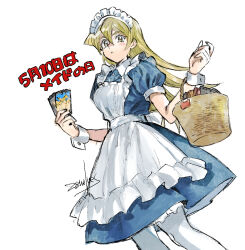 Rule 34 | 1girl, 203wolves, apron, basket, black dress, blonde hair, brown eyes, dated, dress, holding, holding basket, long hair, maid, maid day, maid headdress, signature, simple background, solo, tenjouin asuka, white apron, white background, yu-gi-oh!, yu-gi-oh! gx