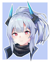 Rule 34 | 1girl, arknights, black horns, blue horns, border, closed mouth, commentary request, cropped shoulders, dragon girl, dragon horns, grey background, grey hair, hatching (texture), highres, horns, light blush, light smile, linear hatching, liskarm (arknights), looking at viewer, medium hair, nitoron, outline, partial commentary, ponytail, portrait, purple background, purple hair, red eyes, simple background, solo, turtleneck, white border, white outline