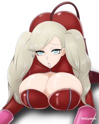 Rule 34 | 1girl, all fours, ass, blue eyes, bodysuit, breasts, catsuit, fake tail, full-length zipper, gloves, highres, large breasts, parted lips, persona, persona 5, pink gloves, platinum blonde hair, red bodysuit, red footwear, skillkill, solo, swept bangs, tail, takamaki anne, top-down bottom-up, twintails, zipper