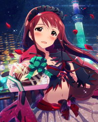 Rule 34 | 10s, 1girl, artist request, bat wings, blush, brown eyes, brown hair, cityscape, gloves, headband, idolmaster, idolmaster million live!, incoming gift, looking at viewer, midriff, musical note, navel, official art, petals, signature, solo, tanaka kotoha, tears, tokyo skytree, wings