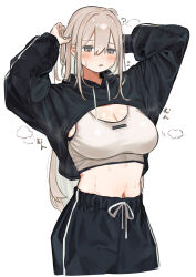 Rule 34 | 1girl, ?, absurdres, arms up, black jacket, black pants, blush, breasts, cleavage, commentary request, cropped jacket, cropped legs, drawstring, flying sweatdrops, grey eyes, grey hair, hair between eyes, highres, jacket, large breasts, long hair, looking down, midorino (green-happy), midriff, navel, original, pants, parted lips, simple background, solo, sports bra, sweat, sweatpants, translation request, white background, white sports bra