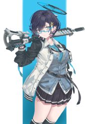 Rule 34 | 1girl, absurdres, aqua eyes, aqua necktie, black hair, black skirt, black socks, blue archive, blue nails, blush, breasts, cardigan, chihiro (blue archive), closed mouth, glasses, gun, hair ornament, hairclip, halo, highres, holding, holding gun, holding weapon, jacket, kazukingu, kneehighs, large breasts, long sleeves, nail polish, necktie, pleated skirt, short hair, simple background, skirt, socks, solo, two-tone background, weapon
