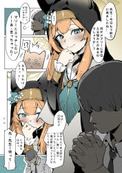 Rule 34 | 1boy, 1girl, blue archive, blue eyes, closed mouth, comic, gsusart, highres, long hair, mari (blue archive), necktie, nun, orange hair, sensei (blue archive), shirt, smile, speech bubble, translation request, white shirt