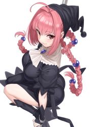 Rule 34 | 1girl, :d, ahoge, ass, black dress, black headwear, bobblehat, braid, breasts, bridal gauntlets, copyright request, dress, from above, from side, highres, large breasts, long hair, looking at viewer, looking to the side, looking up, michitaro smile, open mouth, pelvic curtain, pink hair, red eyes, short sleeves, simple background, sitting, smile, solo, twin braids, very long hair, wariza, white background