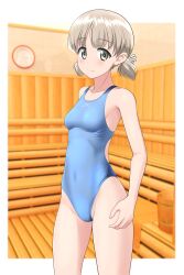 Rule 34 | 1girl, absurdres, aki (girls und panzer), blue one-piece swimsuit, blush, breasts, collarbone, commentary request, competition swimsuit, cowboy shot, girls und panzer, green eyes, groin, highres, light brown hair, looking at viewer, low twintails, one-piece swimsuit, sauna, short hair, short twintails, small breasts, smile, solo, standing, swimsuit, takafumi, thighs, twintails, two-tone swimsuit, variant set