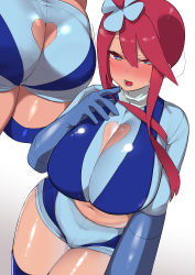 Rule 34 | 1girl, absurdres, ass, ass cutout, bad id, bad twitter id, blue eyes, blue gloves, blue shorts, blush, breasts, butt crack, cleavage, cleavage cutout, clothing cutout, creatures (company), crop top, dark-skinned female, dark skin, game freak, gloves, gym leader, hair ornament, heart cutout, highres, large breasts, long hair, long sleeves, looking at viewer, mitsudoue, multiple views, navel, nintendo, open mouth, pokemon, pokemon bw, red hair, short shorts, shorts, sidelocks, skyla (pokemon), thighs
