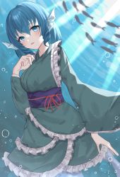 Rule 34 | 1girl, absurdres, anima miko, blue eyes, blue hair, bubble, drill hair, drill sidelocks, fins, fish, frilled kimono, frills, green kimono, hair between eyes, head fins, highres, japanese clothes, kimono, light rays, looking at viewer, mermaid, monster girl, open mouth, sash, short hair, sidelocks, smile, solo, touhou, underwater, wakasagihime