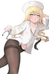 Rule 34 | 1girl, :q, absurdres, blonde hair, breast pocket, brown pantyhose, choyeon, closed mouth, collarbone, collared shirt, dress shirt, green eyes, hat, highres, long hair, long sleeves, looking at viewer, lying, navel, necktie, novel illustration, official art, on side, original, pantyhose, pocket, reclining, shirt, simple background, smile, solo, tail, thighband pantyhose, thighs, tongue, tongue out, white background, white hat, white shirt