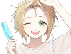 Rule 34 | 1boy, blonde hair, blue eyes, food, heridy, looking at viewer, male focus, matome (heridy), mole, mole under eye, one eye closed, open mouth, original, popsicle, shirt, short hair, short sleeves, shorts, smile, solo, teeth, white background, white shirt