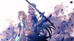 Rule 34 | 1boy, 1girl, addam origo, back-to-back, bare shoulders, breasts, cowboy shot, elbow gloves, gloves, highres, holding, holding sword, holding weapon, large breasts, mythra (xenoblade), nintendo, sword, tiara, two-handed sword, weapon, white background, white gloves, xenoblade chronicles (series), xenoblade chronicles 2, xenoblade chronicles (series), xenoblade chronicles 2, xenoblade chronicles 2: torna - the golden country, yellow eyes, yumiyoiyoi