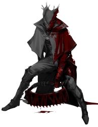 Rule 34 | 1boy, blood, blood on clothes, bloodborne, bloody weapon, covering face, dripping, hat, highres, holding, holding weapon, male focus, osu5i, saw, saw cleaver, solo, vambraces, weapon