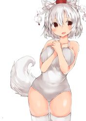 Rule 34 | 1girl, :d, alternate costume, animal ears, bare arms, bare shoulders, blush, breast press, breasts, collarbone, fang, golgi hon, hands on own chest, hat, highres, inubashiri momiji, medium breasts, nikkesu, one-piece swimsuit, open mouth, pom pom (clothes), red hat, shiny skin, short hair, simple background, smile, solo, standing, swimsuit, tail, tareme, thighhighs, tokin hat, touhou, white background, white thighhighs, wolf ears, wolf tail