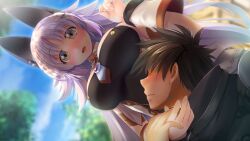 Rule 34 | 1boy, 1girl, animal ears, atelier-moo, bare shoulders, black hair, breasts, closed mouth, detached sleeves, embarrassed, faceless, faceless male, fang, forest, from below, grey eyes, hair between eyes, hair ornament, highres, large breasts, long hair, lying, mana (our battle has just begun!), narrow waist, nature, open mouth, our battle has just begun!, purple hair, short hair, smile, tail, wide-eyed, wolf girl, wolf tail