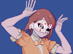 Rule 34 | 1girl, bad id, bad pixiv id, blue background, bow, bowtie, brown hair, closed mouth, commentary request, covered eyes, domino mask, dress, facing viewer, frown, hair ornament, hairclip, hands up, head tilt, ichimura shiho, mask, midori (rgonkr), odd taxi, orange bow, orange bowtie, orange dress, phony (cevio), puffy short sleeves, puffy sleeves, rabbit pose, short hair, short sleeves, simple background, solo, song name, spoilers, swept bangs